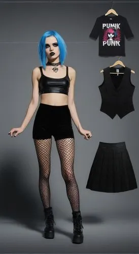 Paper doll 2d cartoon punk blue haired girl in black sleeveless shirt , black spandex shorts, complete full length fishnet and black punk knee Boots, standing surrounded by with a set of punk fashion 