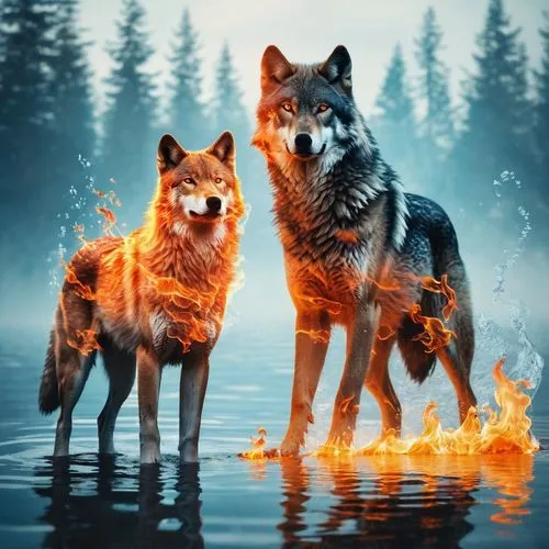 two wolves,wolves,fire and water,wolfs,wolfriders,garrison,Photography,Artistic Photography,Artistic Photography 07