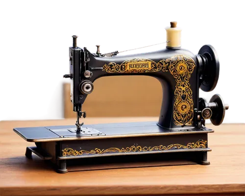 Sewing machine, metallic body, intricate details, rotary wheel, thread spool, pedal foot, wooden desk, vintage style, ornate carvings, soft focus, warm lighting, 3/4 composition, shallow depth of fiel