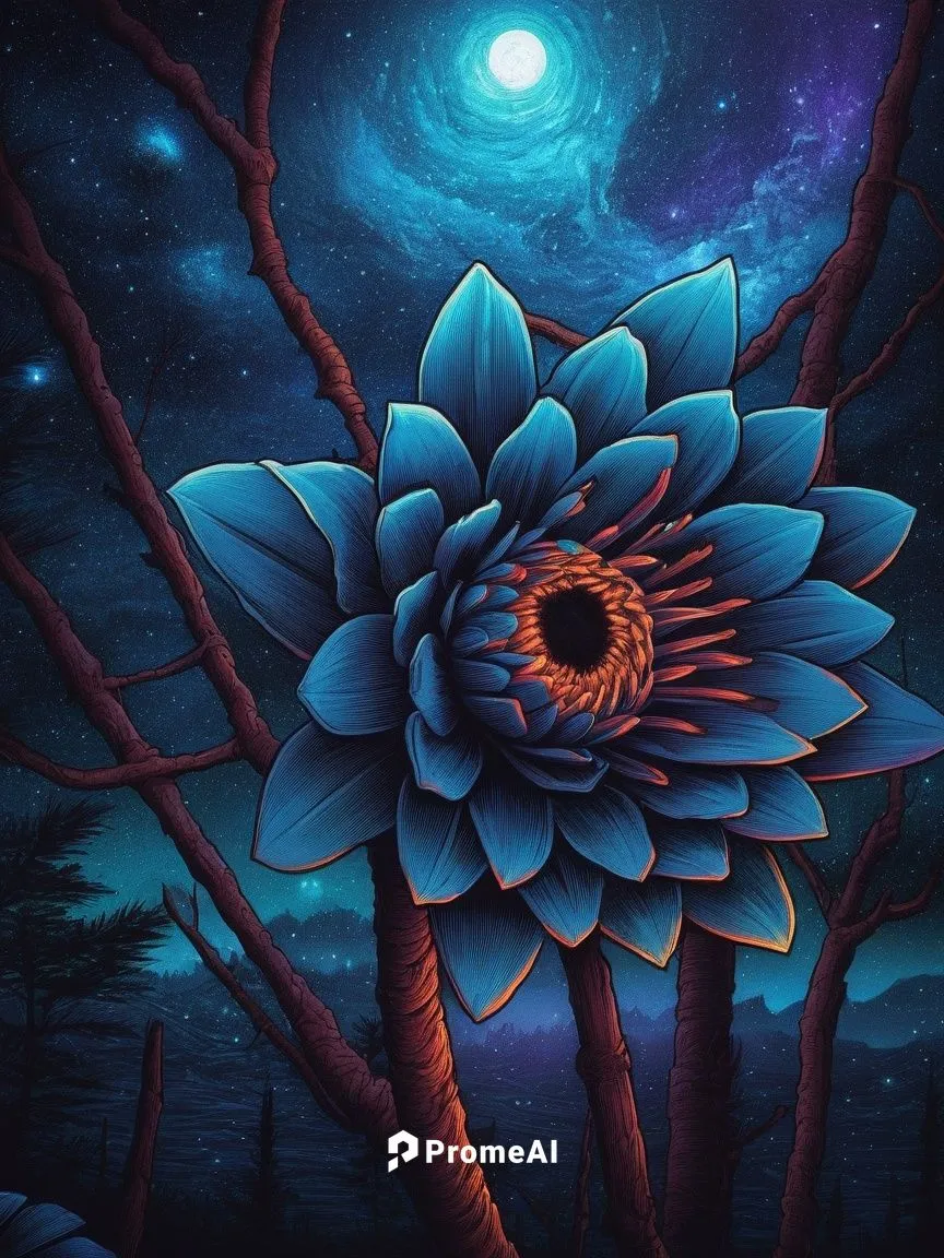 cosmic flower,fractals art,moonflower,starry night,cosmic eye,mandala art,mandala background,flower painting,blue petals,blue moon rose,starflower,star flower,kaleidoscope art,mandala flower illustrat