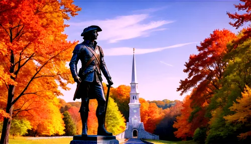 Historic Lexington Minuteman statue, Concord Bridge, American Revolution theme, autumn foliage, scenic Massachusetts landscape, warm sunlight, 3/4 composition, soft focus, vintage color tone, watercol