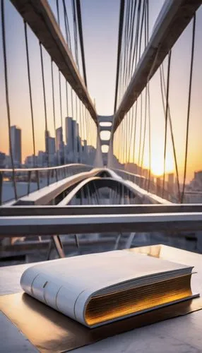 Modern bridge, futuristic architecture, white concrete, steel beams, suspension cables, abstract shapes, urban cityscape, sunset glow, warm lighting, shallow depth of field, low-angle shot, dramatic c