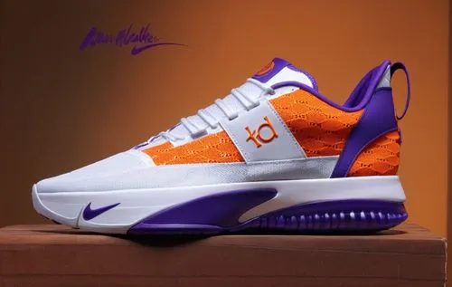 Mesh and canvas upper, "kd" logo, sport sole with Nike logo, all white with orange and purple accent color scheme ,Kevin Durant court shoe white ,knick,samoas,melos,crossair,orange jasmines,currys,Pho