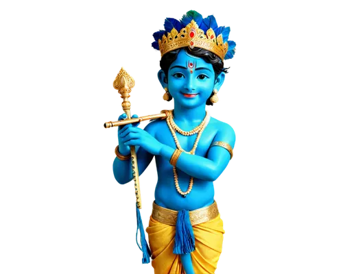 Lord Krishna, Indian deity, blue skin, crown with peacock feathers, yellow dhoti, golden ornaments, holding flute, gentle smile, serene eyes, standing in a relaxed posture, soft focus, warm lighting, 