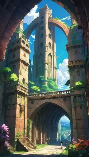 ruins,arbor,dragon bridge,city gate,pillars,stone arch,mausoleum ruins,gateway,ancient city,labyrinthian,ruin,archway,skylands,stone gate,bridge,castle ruins,adventure bridge,arches,citadel,archways,Illustration,Japanese style,Japanese Style 03