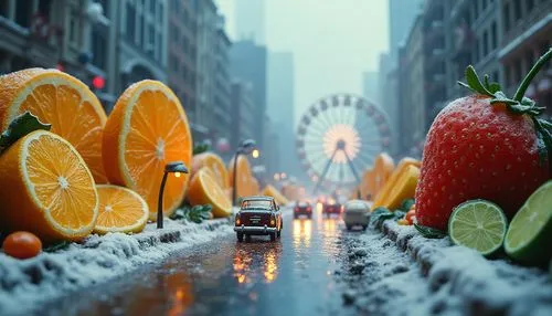 bowl of fruit in rain,snow scene,fruit car,big apple,oranges,snow cone