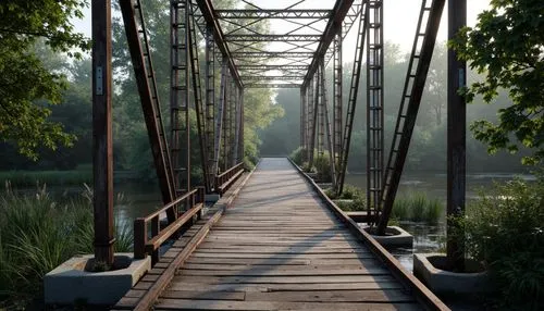 Rustic bridge, industrial steel beams, weathered wooden planks, earthy tones, muted greens, blues and grays, natural stone foundations, riverbank surroundings, misty morning atmosphere, soft warm ligh