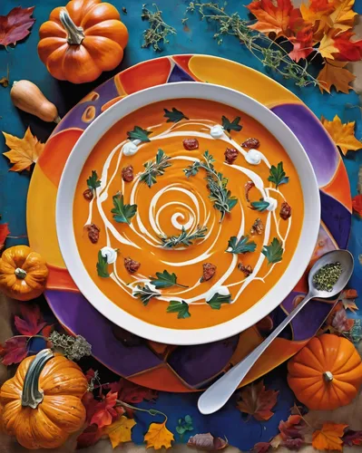 butternut squash soup with linguica and thyme served with cream in a ceramic pumpkin,pumpkin soup,cream of pumpkin soup,vichyssoise,carrot and red lentil soup,vegetable soup,ezogelin soup,pumpkin pie 