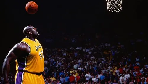 Shaquille O'Neal, NBA legend, muscular physique, strong facial features, shaved head, hoop earrings, sleeveless jersey, basketball shorts, sneakers, dribbling, slam dunking, court, stadium, crowd chee