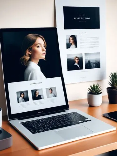 Create an elegant portfolio that showcases your best work.,a laptop on a desk with several images,web mockup,landing page,blur office background,webdesign,product photos,website design