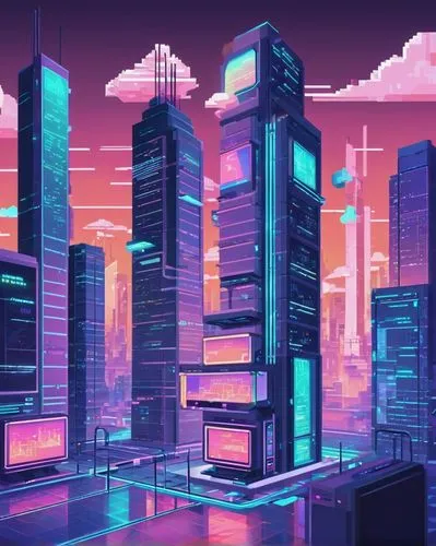 cybercity,cybertown,cityscape,colorful city,microdistrict,synth,cyberpunk,metropolis,futuristic landscape,cyberscene,fantasy city,skyscrapers,city blocks,cyberworld,city skyline,cyberport,cyberia,80's design,ctbuh,tokyo city,Unique,Pixel,Pixel 01