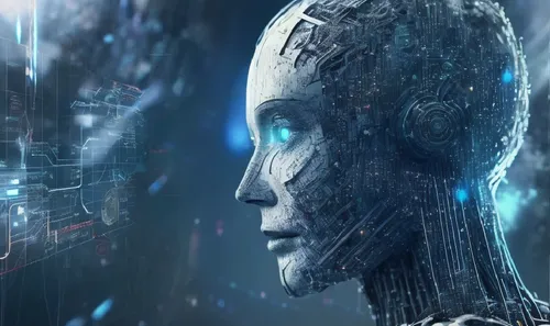 a robot with blue eyes looking at the distance,transhumanism,transhuman,cortana,artificial intelligence,cybernetically,generative ai