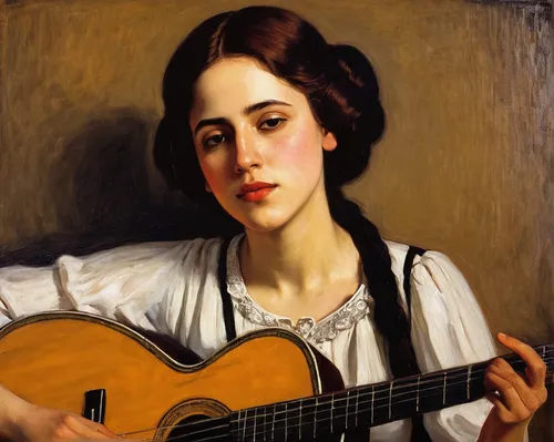 woman playing,classical guitar,charango,woman playing violin,portrait of a girl,guitar,ukulele,mandolin,bouzouki,cavaquinho,young woman,serenade,playing the guitar,guitar player,portrait of a woman,concert guitar,stringed instrument,la violetta,acoustic guitar,violin woman,Art,Classical Oil Painting,Classical Oil Painting 12