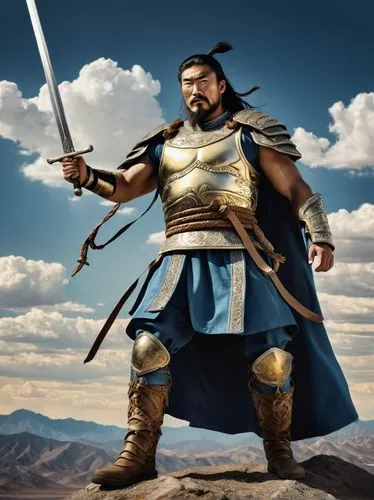 Genghis Khan, Mongol empire, powerful leader, muscular man, strong facial features, sharp eyes, thick beard, braided hair, golden armor, leather boots, holding a sword, standing on a mountain, vast de