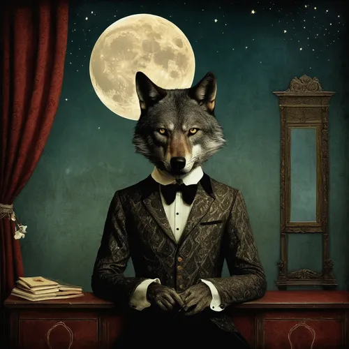 anthropomorphized animals,night administrator,grey fox,photomanipulation,aristocrat,wolf's milk,image manipulation,wolf in sheep's clothing,wolf,formal attire,photo manipulation,watchmaker,antique background,fox hunting,full moon day,suit of spades,fox,conductor,fox and hare,howling wolf,Illustration,Realistic Fantasy,Realistic Fantasy 35