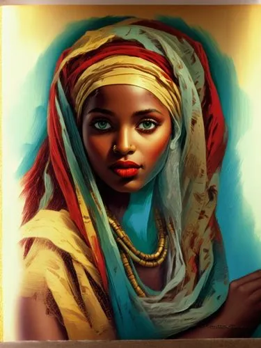 the painting shows a woman in a bright red scarf,ancient egyptian girl,african woman,comorian,afar tribe,nubian,tahoua,Illustration,Realistic Fantasy,Realistic Fantasy 21