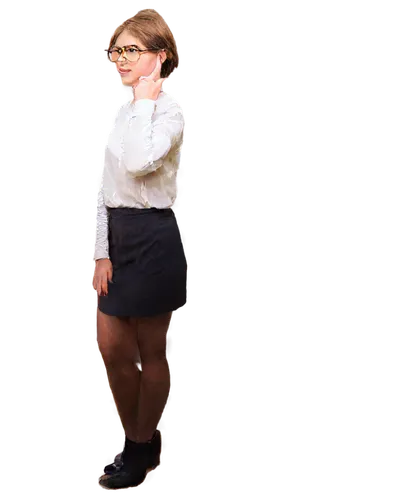 Transparent background, eyeglasses, solo, adult woman, beautiful detailed eyes, gentle facial expression, short brown hair, light makeup, white blouse, black skirt, standing, 3/4 composition, soft nat