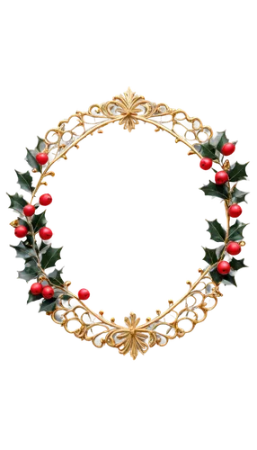 Christmas decorations, festive holly, red berries, golden ornaments, snowflakes, delicate patterns, intricate designs, white background, ornate frame, curved lines, symmetrical composition, warm light