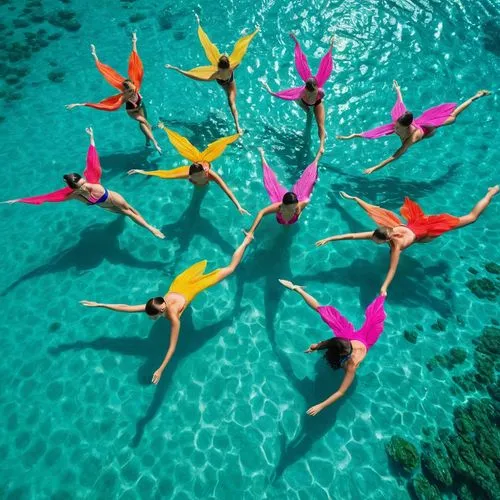 Imagine a vibrant tropical paradise where a group of water ballet team flaunt their stylish micro bikinis.,cuba flamingos,flamingos,synchronized swimming,flamingoes,maldives,snorkeling,bahamas,pink fl