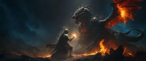 a knight stands beside a fire dragon in the darkness,surtur,tiamat,ifrit,glaurung,dragonlord,firedrake