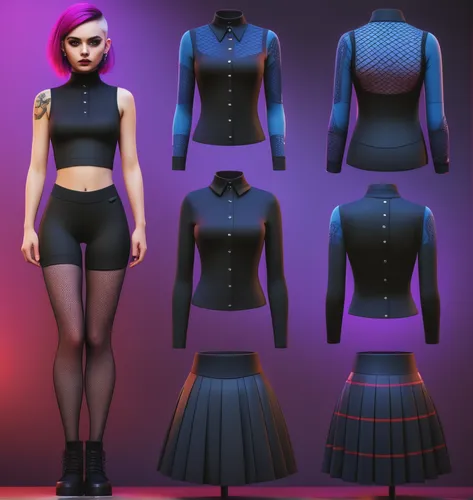 Paper doll goth purple haired girl in black sleeveless shirt ,black tight fit spandex shorts, complete full length fishnet and black boot standing surrounded by with a set of goth fashion clothing, sh