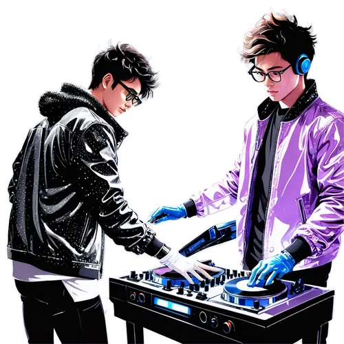 Ringtones sounds, futuristic DJ, young man, messy hair, trendy glasses, bold fashion sense, neon lights, LED gloves, sparkly jacket, metallic boots, mixing console, vinyl records, flashing buttons, dy