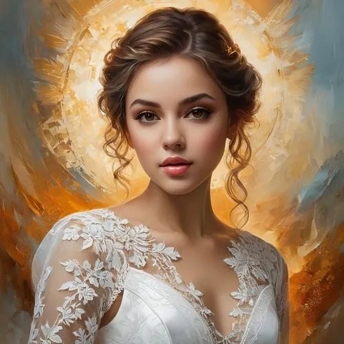 Generate a painting of a sublime beautiful young woman- brown- face and perfect honey eyes - centered in the style of ((Samantha Keely Smith and Anne Bachelier))-UHD (32K)_ white lace dress - acrylic 