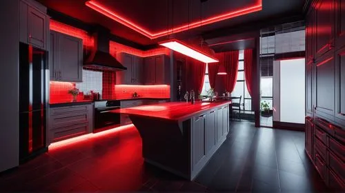 hotel room, black, red hidden lights, neon mottos,kitchen design,modern kitchen interior,dark cabinets,dark cabinetry,modern kitchen,kitchen interior,kitchens,cocina,kitchen,knife kitchen,chefs kitche