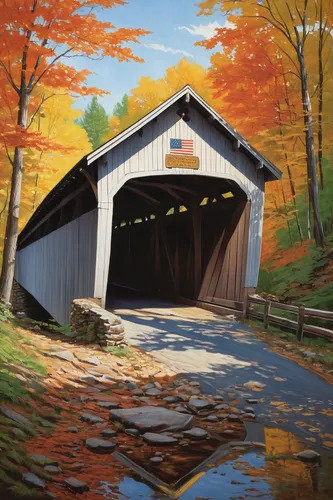 covered bridge,fall landscape,boathouse,boat shed,autumn camper,humpback bridge,horse barn,wooden bridge,barn,autumn landscape,vermont,autumn idyll,red barn,log bridge,sheds,tied-arch bridge,truss bridge,old barn,quilt barn,fall foliage,Art,Classical Oil Painting,Classical Oil Painting 23