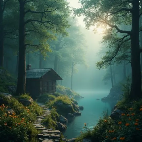 house in the forest,germany forest,summer cottage,the cabin in the mountains,fairytale forest,cottage,home landscape,forest landscape,morning mist,foggy landscape,seclude,forest house,fantasy landscape,nature landscape,forest lake,beautiful landscape,landscapes beautiful,secluded,nature wallpaper,foggy forest,Photography,General,Realistic