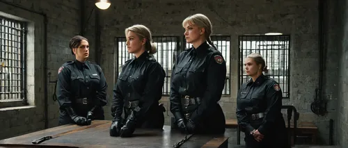 (photorealistic:1.1) group of weary female prison guards, plussize, chat casually in a penalty chamber, empty wooden table in middle with leather nooses, chains, shackles, bilboes, manacles, stern unf