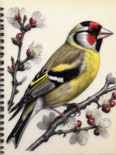 flower and bird illustration,european goldfinch,carduelis carduelis,carduelis,goldfinch,emberiza,Conceptual Art,Fantasy,Fantasy 04