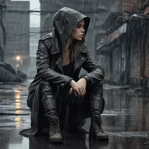 depressed woman,in the rain,walking in the rain,weather-beaten,silver rain,rain suit,black coat,sad woman,raincoat,heavy rain,rainy day,trench coat,rainy,monsoon,photoshop manipulation,rain,rain pants,raindops,melancholy,rainy weather,Conceptual Art,Fantasy,Fantasy 33