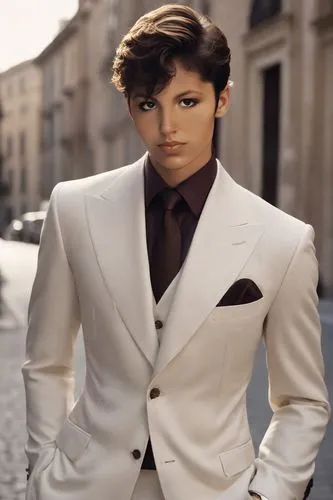 a young man wearing a white suit standing in the street,facinelli,kutcher,tinelli,penniman,drabinsky,men's suit,Photography,Cinematic