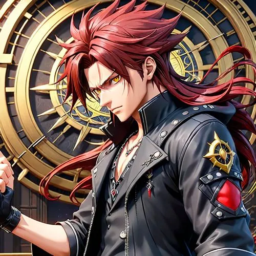 corvin,red heart medallion in hand,clockmaker,red-haired,omega,spiral background,adonis,watchmaker,leo,male character,phoenix rooster,life stage icon,ren,red robin,cain,butler,revolver,joshua,axel jump,power icon,Anime,Anime,General