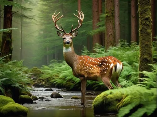 Majestic ai deer, standing, forest, morning dew, gentle eyes, brown fur, white spots, delicate legs, slender body, beautiful antlers, soft lighting, misty atmosphere, surrounded by tall trees, vibrant