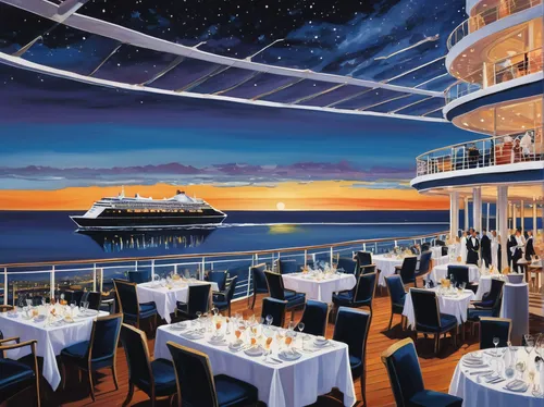 fine dining restaurant,cruise ship,floating restaurant,beach restaurant,sea fantasy,queen mary 2,passenger ship,ocean liner,diner,atlantic grill,new york restaurant,eastbourne pier,a restaurant,cruiseferry,dining,romantic dinner,breakfast on board of the iron,royal yacht,troopship,oasis of seas,Illustration,Paper based,Paper Based 20