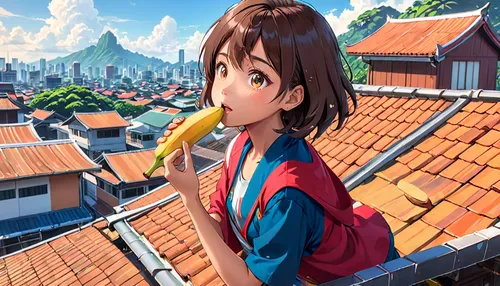 mulan,mitarashi dango,noodle image,asia,yuzu,girl with bread-and-butter,woman eating apple,roofs,hanbok,honmei choco,rooftops,roof landscape,on the roof,banana,aonori,nagasaki,mikuru asahina,hong,dango,rooftop,Anime,Anime,Realistic