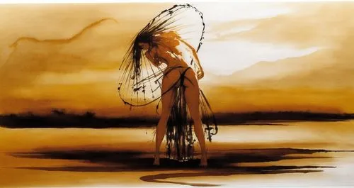 Passion Sexy Painting ,Naked Woman  Abstract Body Art Oil Painting,painting of woman with large wings standing on beach in a yellow sky,poundmaker,navaho,lakota,winnetou,sacagawea,shoshone,sioux,bucks