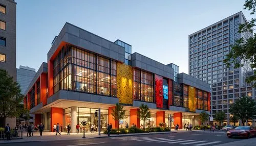 Vibrant community center, bold expressionist architecture, irregular shapes, dynamic curves, abstract patterns, bright color scheme, textured concrete walls, metal mesh panels, oversized windows, angu