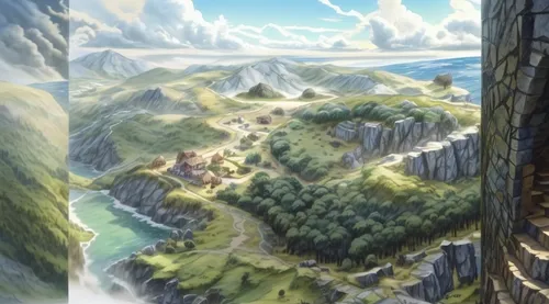 meteora,fantasy landscape,mountain world,knight's castle,mountainous landforms,heroic fantasy,mountain settlement,fantasy world,3d fantasy,studio ghibli,backgrounds,the valley of the,high landscape,ruined castle,the landscape of the mountains,stone towers,mountainous landscape,tower fall,ancient city,dragon bridge