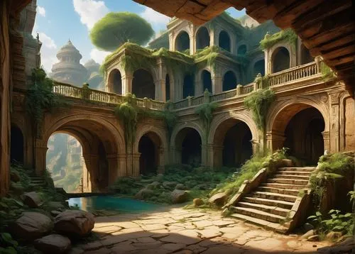 theed,fantasy landscape,ancient city,citadels,ruins,skylands,ancient buildings,ruin,kingdoms,water palace,labyrinthian,rivendell,stone palace,ancient house,monastery,seregil,arenanet,archways,alfheim,morrowind,Art,Classical Oil Painting,Classical Oil Painting 37