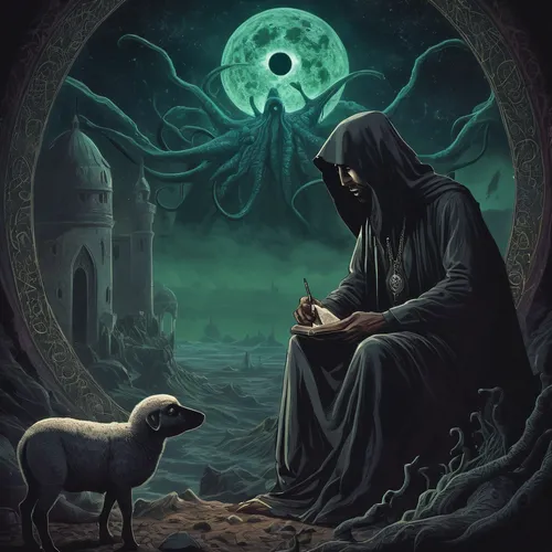 black shepherd,goatflower,kelpie,death god,mirror of souls,divination,occult,shepherd,companion dog,shamanic,neophyte,zodiac,pilgrimage,hinnom,sepulchre,the sheep,the collector,paganism,esoteric,prophet,Illustration,Realistic Fantasy,Realistic Fantasy 47