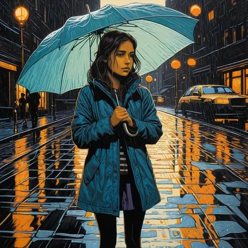 walking in the rain,struzan,blue rain,lluvia,Illustration,Realistic Fantasy,Realistic Fantasy 03