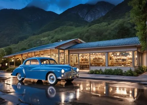 alpine restaurant,alpine style,drive in restaurant,porsche 356,renault alpine,retro diner,tatra,blue hour,retro automobile,alpine,arrowtown,taroko,morris minor 1000,alpine drive,morris minor,vintage cars,ahwahnee,autopia,renault alpine model,aronde,Photography,General,Realistic