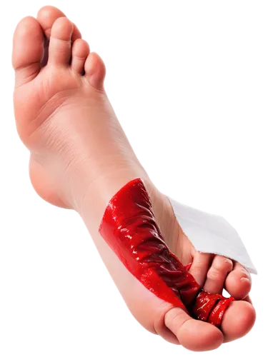 Broken big toe, close-up, bloody wound, swollen red skin, bandaged, medical tape, toes spread apart, foot on white background, high-angle shot, dramatic lighting, shallow depth of field, realistic tex