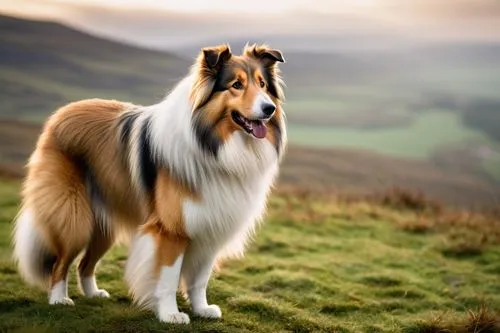 Rough Collie dog, standing, majestic posture, fluffy double coat, rough texture, white base color with brown patches, bright inquisitive eyes, floppy ears, wagging tail, Scottish Highlands landscape, 