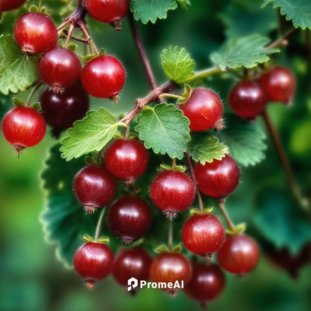 Full screen macro view of large, ripe, juicy, deep-red and green translucent gooseberries hanging crowded together from a single branch of a gooseberry bush, close-up showing the delicate, lighter str