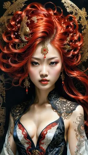 oriental princess,geisha girl,chinese art,queen of hearts,oriental girl,japanese art,oriental painting,red lantern,geisha,painted lady,fantasy art,red ginger,redhead doll,sorceress,flame spirit,venetian mask,celtic queen,fantasy woman,red-haired,japanese woman,Art,Artistic Painting,Artistic Painting 32