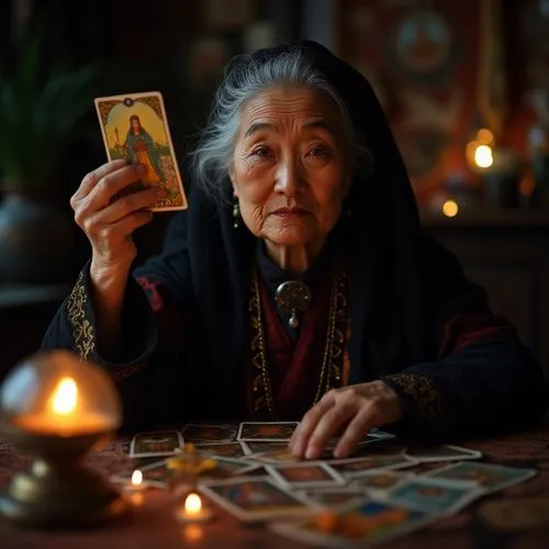 In a dimly lit fortune-telling room, an elderly Asian woman in dark, enigmatic clothing and vibrant makeup holds a Tarot card aloft, revealing its secrets, captured with a Canon EOS R5 and a 50mm f/1.